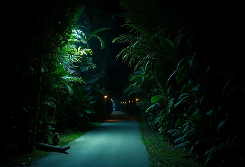 A dimly lit path through a lush, tropical garden at night invites you to explore. The path is flanked by large, overlapping leaves, offering a unique wildlife experience. Small orange lanterns line the way in this serene, illuminated walkway reminiscent of a Belize Zoo night tour.