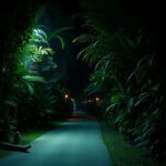 A dimly lit path through a lush, tropical garden at night invites you to explore. The path is flanked by large, overlapping leaves, offering a unique wildlife experience. Small orange lanterns line the way in this serene, illuminated walkway reminiscent of a Belize Zoo night tour.