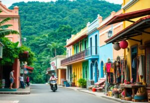 A vibrant street scene features colorful buildings with orange, yellow, blue, and green facades. A person rides a scooter down the road. Stalls with hanging textiles are on the right side. Lush green hills rise in the background.