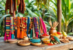 A wooden table displays colorful handmade jewelry, including necklaces and bracelets, alongside small bowls of spices and seeds. In the background, there is greenery, suggesting an outdoor setting.