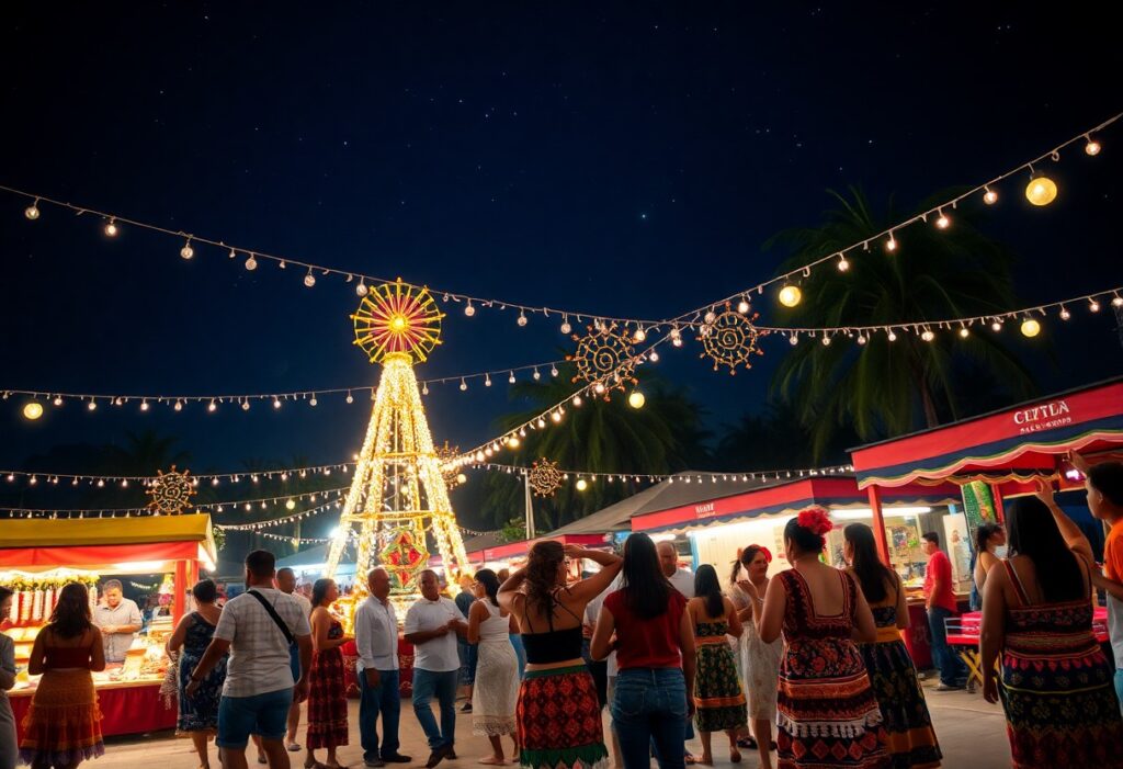 A festive outdoor night market scene with people gathered under string lights and a starry sky. A large illuminated Christmas tree is in the background. Stalls with colorful canopies display various goods.