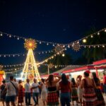 A festive outdoor night market scene with people gathered under string lights and a starry sky. A large illuminated Christmas tree is in the background. Stalls with colorful canopies display various goods.