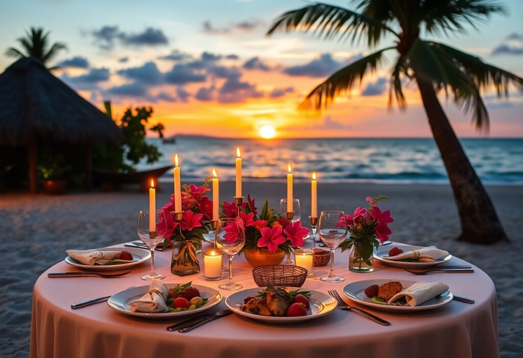 A beachside celebration awaits in Belize, with a round table elegantly set for four, featuring lit candles, pink flowers, wine glasses, and plates of food. The ocean and a palm tree create the perfect backdrop against the sunset sky.