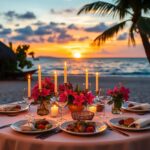 A beachside celebration awaits in Belize, with a round table elegantly set for four, featuring lit candles, pink flowers, wine glasses, and plates of food. The ocean and a palm tree create the perfect backdrop against the sunset sky.