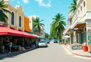 A sunny street lined with colorful buildings, palm trees, and outdoor market stalls. People are browsing goods under red and green awnings. Several cars are parked along the road, and a cart labeled "coffee" is visible on the sidewalk.