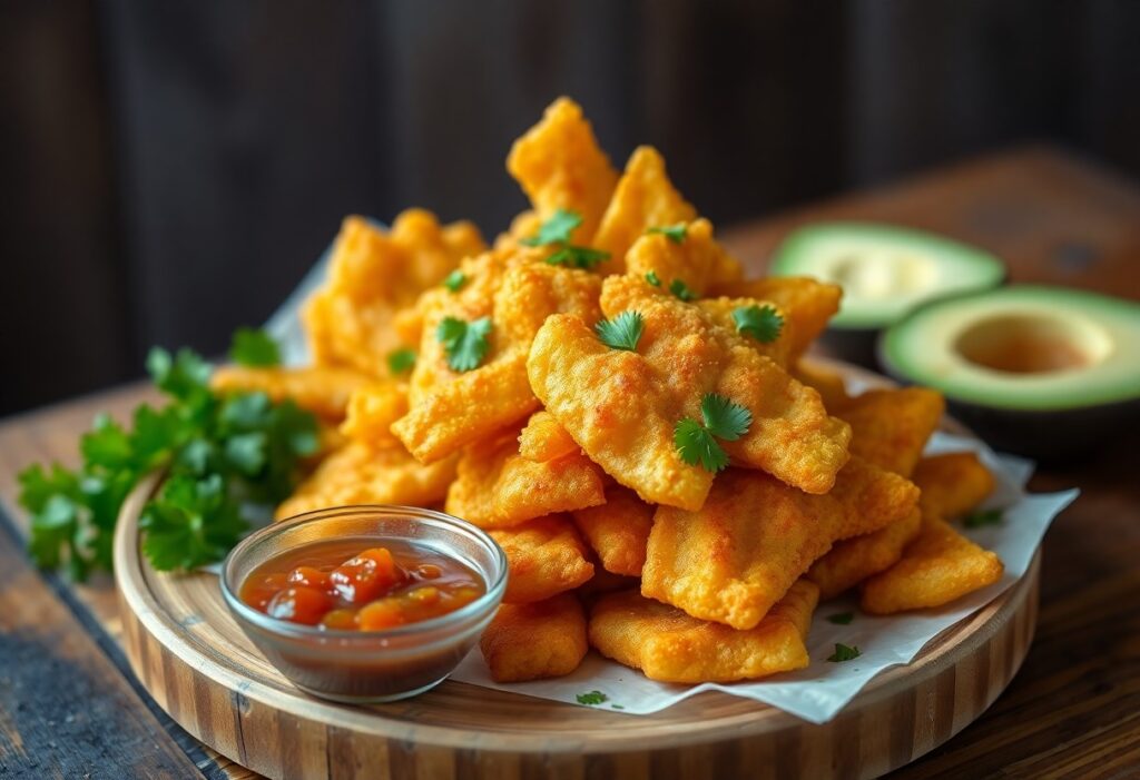 A wooden platter holds a pile of golden-brown fried snacks garnished with cilantro. A small bowl of red dipping sauce is on the side, and part of an avocado and parsley are also visible on the table.