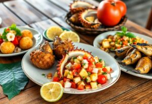 A variety of seafood dishes on a wooden table, featuring a plate with a shell filled with diced tomato and cheese, surrounded by lemon slices. Nearby are plates with grilled seafood, fried balls, and fresh vegetables. A tomato and a large leaf are also visible.