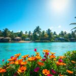 A tropical landscape featuring vibrant orange and yellow flowers in the foreground, turquoise water, and palm trees with small beach huts in the background. The sky is clear and sunny.