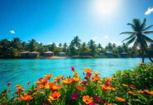 A tropical landscape featuring vibrant orange and yellow flowers in the foreground, turquoise water, and palm trees with small beach huts in the background. The sky is clear and sunny.