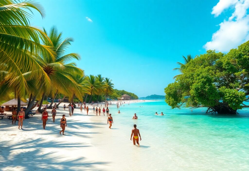 A sunny beach scene with people walking and swimming. The beach is lined with palm trees, and the turquoise water is calm. The sky is clear with a few clouds, creating a bright, tropical atmosphere.