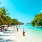 A sunny beach scene with people walking and swimming. The beach is lined with palm trees, and the turquoise water is calm. The sky is clear with a few clouds, creating a bright, tropical atmosphere.