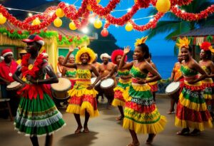 A lively group of performers in colorful, traditional attire dance and play drums. The setting features vibrant decorations with red and yellow garlands and string lights. A tropical backdrop with the ocean and palm trees is visible.