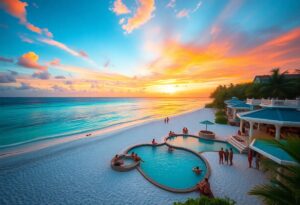 A beachfront scene at sunset with a curvy swimming pool surrounded by people. The sky displays vibrant colors of orange, pink, and blue. The beach is lined with white sand and bordered by ocean waves. Palm trees and buildings are visible on the right.