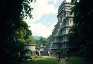 Three people walk towards an ancient stone pyramid, surrounded by dense green foliage and palm trees. The sky is partly cloudy, and mountains are visible in the background.