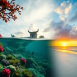 A split-view image showing a serene beach sunset above the water, and a vibrant coral reef with a diver below. Red and green corals stand out underwater, while a distant structure is visible above the waves.