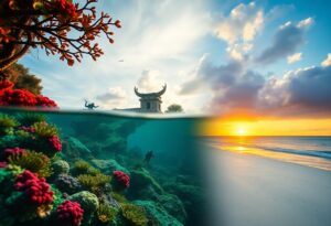 A split-view image showing a serene beach sunset above the water, and a vibrant coral reef with a diver below. Red and green corals stand out underwater, while a distant structure is visible above the waves.