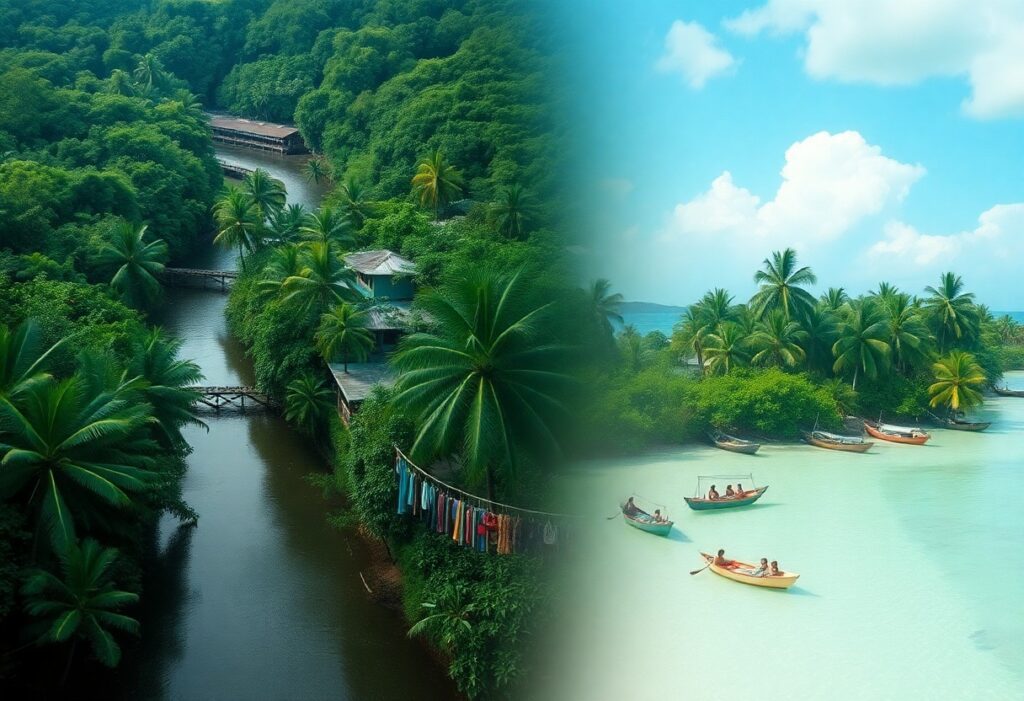 A tropical landscape split into two scenes: the left features Belize's lush green forest with a river and wooden houses, while the right shows a clear turquoise sea with activities like boating for just USD 20, all surrounded by palm trees under a bright blue sky.