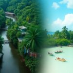 A tropical landscape split into two scenes: the left features Belize's lush green forest with a river and wooden houses, while the right shows a clear turquoise sea with activities like boating for just USD 20, all surrounded by palm trees under a bright blue sky.