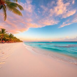 A serene beach scene at sunset in Belize, with calm turquoise water, a sandy shore, and palm trees lining the left side. A boat is visible on the horizon under a sky filled with pink and orange clouds. An unforgettable February experience awaits those who visit.