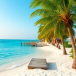 Tropical beach scene with white sand, clear turquoise water, and a row of palm trees. A wooden dock extends into the sea. Colorful beach huts line the shore to the right, under a clear blue sky.