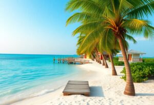 Tropical beach scene with white sand, clear turquoise water, and a row of palm trees. A wooden dock extends into the sea. Colorful beach huts line the shore to the right, under a clear blue sky.