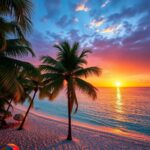 A beach scene in Belize at sunset with palm trees lining the shoreline offers the ultimate experience. The sky is a vibrant mix of orange, pink, and blue hues, reflected on the calm ocean. Beach umbrellas dot the sand as the February sun sinks near the horizon.