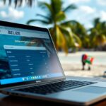 A laptop on a wooden table displays an online immigration system screen for Belize. In the background, there are palm trees, a beach chair with a towel, and a sandy beach with clear skies.