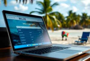 A laptop on a wooden table displays an online immigration system screen for Belize. In the background, there are palm trees, a beach chair with a towel, and a sandy beach with clear skies.