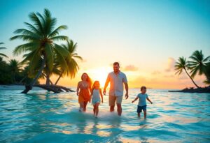 A family of four, including two adults and two children, walks through shallow water during sunset. Palm trees are visible in the background, and the sky is gradient shades of blue and orange.