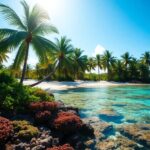 Tropical beach scene with clear turquoise water and lush palm trees lining the sandy shore. Bright blue sky and white clouds are visible above, with coral and rocks in the foreground enhancing the vibrant atmosphere.