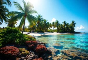 Tropical beach scene with clear turquoise water and lush palm trees lining the sandy shore. Bright blue sky and white clouds are visible above, with coral and rocks in the foreground enhancing the vibrant atmosphere.