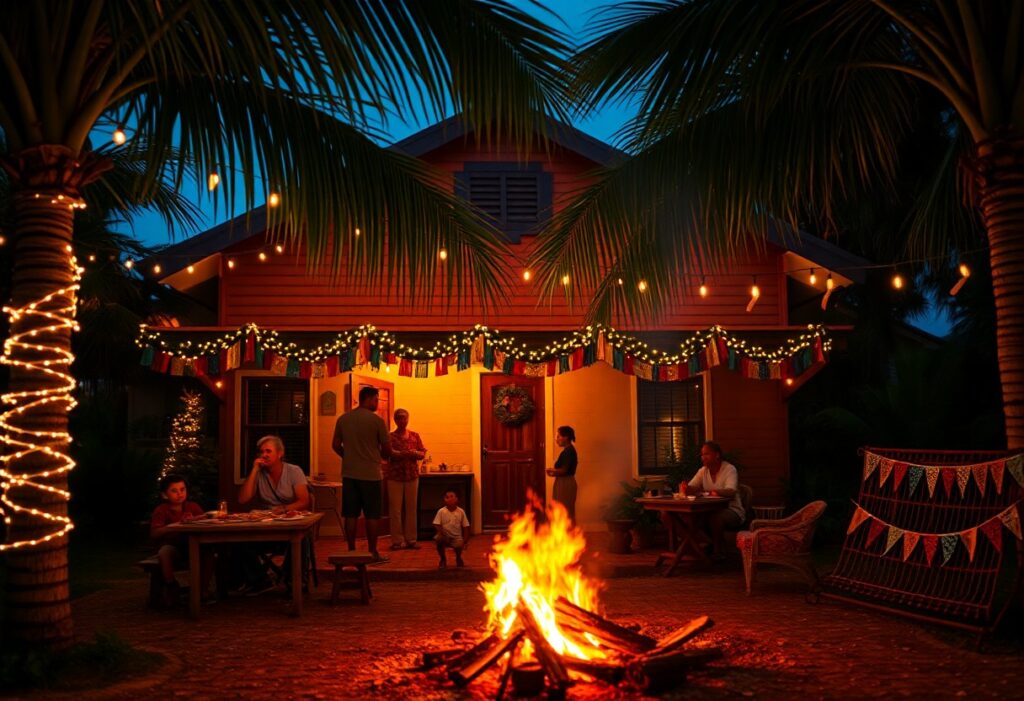 A cozy outdoor gathering at dusk in Belize features a bonfire in the foreground. A decorated house with string lights and flags sits in the background, surrounded by palm trees. Locals enjoy each other's company, sitting and standing around the fire, embracing the festive spirit of Christmas Eve.