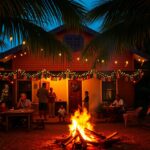 A cozy outdoor gathering at dusk in Belize features a bonfire in the foreground. A decorated house with string lights and flags sits in the background, surrounded by palm trees. Locals enjoy each other's company, sitting and standing around the fire, embracing the festive spirit of Christmas Eve.