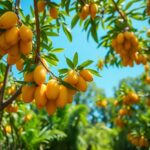 Clusters of yellow fruits hang from branches with green leaves against a bright blue sky, heralding mango season in Belize. More trees blur into the sunny orchard's background, suggesting a delightful harvest scene.