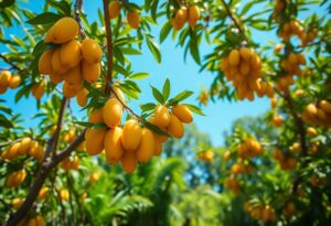 Clusters of yellow fruits hang from branches with green leaves against a bright blue sky, heralding mango season in Belize. More trees blur into the sunny orchard's background, suggesting a delightful harvest scene.