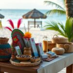 A table set on a beach in Belize displays locally-made products like woven baskets, wellness items, incense sticks, a colorful woven piece with feathers, a jug of juice, and chocolates. Palm trees and thatched umbrellas decorate the background, making it perfect for a destination wedding by the sea.