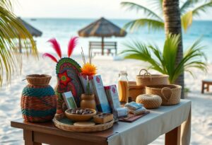 A table set on a beach in Belize displays locally-made products like woven baskets, wellness items, incense sticks, a colorful woven piece with feathers, a jug of juice, and chocolates. Palm trees and thatched umbrellas decorate the background, making it perfect for a destination wedding by the sea.