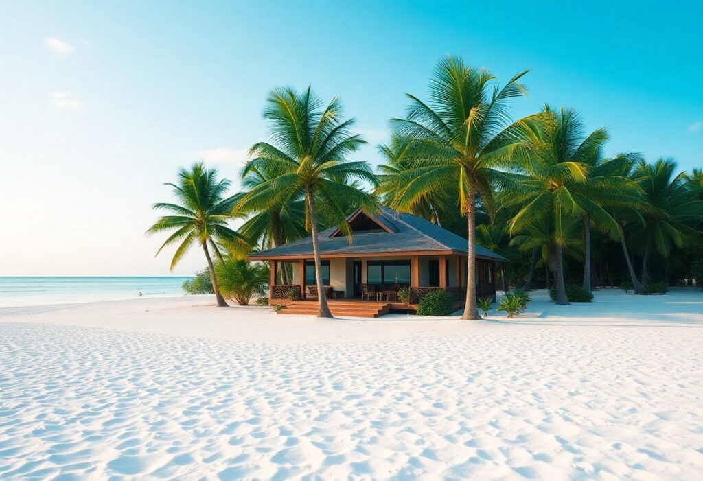 A small wooden beach house with a thatched roof is surrounded by several tall palm trees on a sandy beach, perfect for a tropical Belize getaway. The ocean is visible in the background under a clear blue sky, making it an ideal travel tip for your next Central America tour.