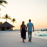 A couple walks hand in hand along a sandy beach at sunset during their romantic baecation in Belize. Palm trees and huts line the shore, while the ocean gently laps at the sand. A wooden pier extends into the water, and the sky is a gradient of warm colors.