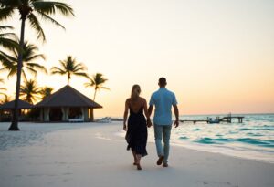 A couple walks hand in hand along a sandy beach at sunset during their romantic baecation in Belize. Palm trees and huts line the shore, while the ocean gently laps at the sand. A wooden pier extends into the water, and the sky is a gradient of warm colors.