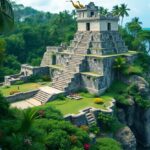 A stone temple resembling ancient pyramid architecture sits atop a cliff overlooking the ocean. Surrounding it are lush green trees, manicured lawns, and colorful flowers. Stairs lead to the temple entrance, and a bird is perched on top.