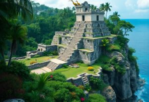 A stone temple resembling ancient pyramid architecture sits atop a cliff overlooking the ocean. Surrounding it are lush green trees, manicured lawns, and colorful flowers. Stairs lead to the temple entrance, and a bird is perched on top.