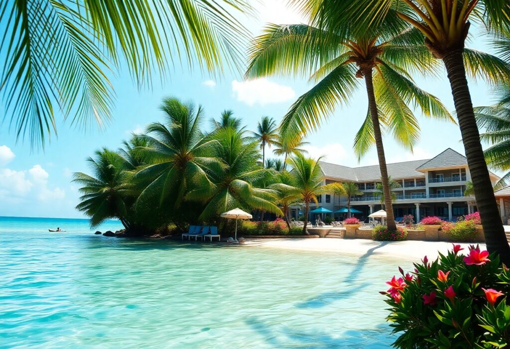 A tropical beach scene with clear turquoise water, palm trees, and a sandy shore. There are beach chairs under umbrellas near a resort building in the background, with bright pink flowers lining the area. A person is kayaking in the distance.