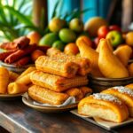 A variety of pastries on a wooden table, including must-try puff pastries, rolls with white sprinkles, and Belizean empanadas. Fruits like oranges, apples, and bananas are in the background, partially blurred. Sunlight filters through green leaves.