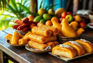 A variety of pastries on a wooden table, including must-try puff pastries, rolls with white sprinkles, and Belizean empanadas. Fruits like oranges, apples, and bananas are in the background, partially blurred. Sunlight filters through green leaves.