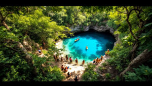 An aerial view reveals a small, circular blue lagoon in Belize, surrounded by lush greenery. People gather on the sandy edges while a kayak glides on the water. Sunlight filters through the trees, casting dappled shadows—an ecotourism adventure waiting to be explored.