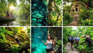 Collage of six images: a couple canoeing in a lush river; a view of Belize's forest canopy; ancient stone ruins; a toucan perched on a branch; a woman in a swimsuit near a pool; and hikers walking an ecotourism trail with another toucan nearby.