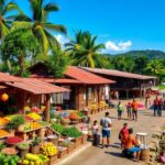 In 2025, San Ignacio Town's vibrant outdoor market by the river features wooden stalls brimming with fruits and vegetables. Locals and visitors alike stroll among the tropical palm trees, with boats docked at the riverbank under a clear blue sky. It's a perfect Belize vacation scene.