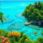 A vibrant tropical scene in Belize with clear turquoise water, various coral formations, and colorful fish swimming. Lush green foliage and palm trees surround the water, with bright flowers in the foreground under a clear blue sky—perfect for a winter escape from rainforests to reefs.