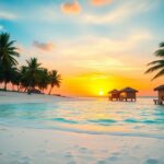 Experience a winter escape in Belize this January, where the tropical beach scene at sunset features a golden sun low in the sky. The calm sea reflects warm hues, with palm trees lining the sandy shore and thatched huts on stilts over the water beneath gentle clouds.